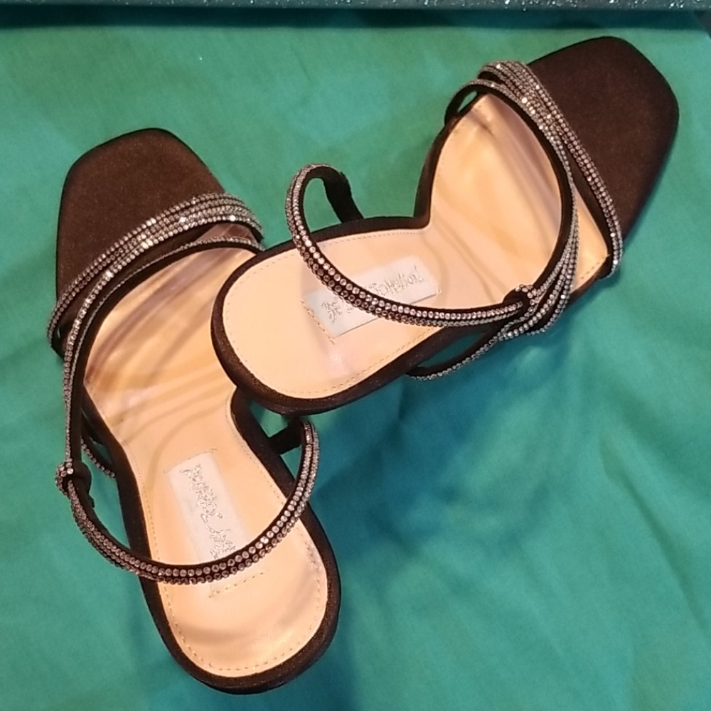 Betsey Johnson Blue Jessa Brown Satin Rhinestone Stiletto Sandals Square Toe 7.5 - Picture 7 of 12